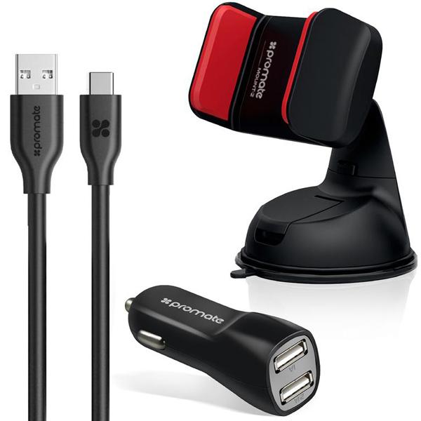 Promate 3-in-1 USB-C Fast Charging Car Kit Black