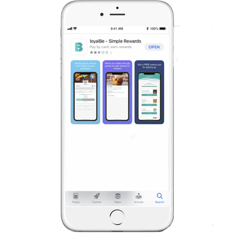 iPhone displaying the loyalBe app on the App Store with screenshots showcasing features and rewards.