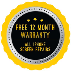 Badge offering free 12-month warranty for all iPhone screen repairs, black and yellow design with stars.