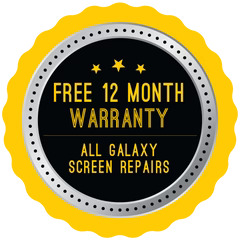 Free 12-month warranty badge for Galaxy screen repairs with stars and yellow border.