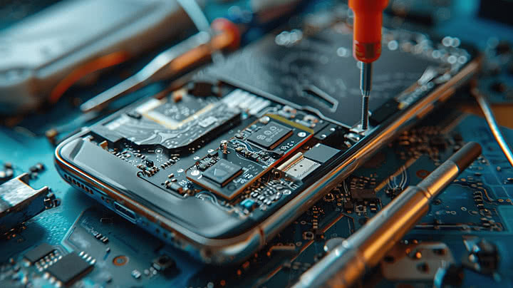 Close-up of smartphone repair, highlighting internal components and circuits with tools in the background.